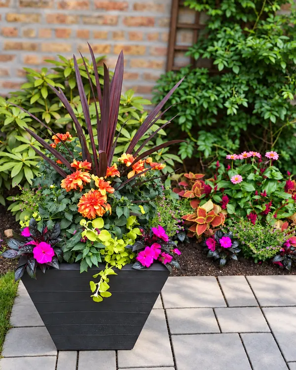 Orange and pink flowers with tall burgundy foliage in a black patio planter